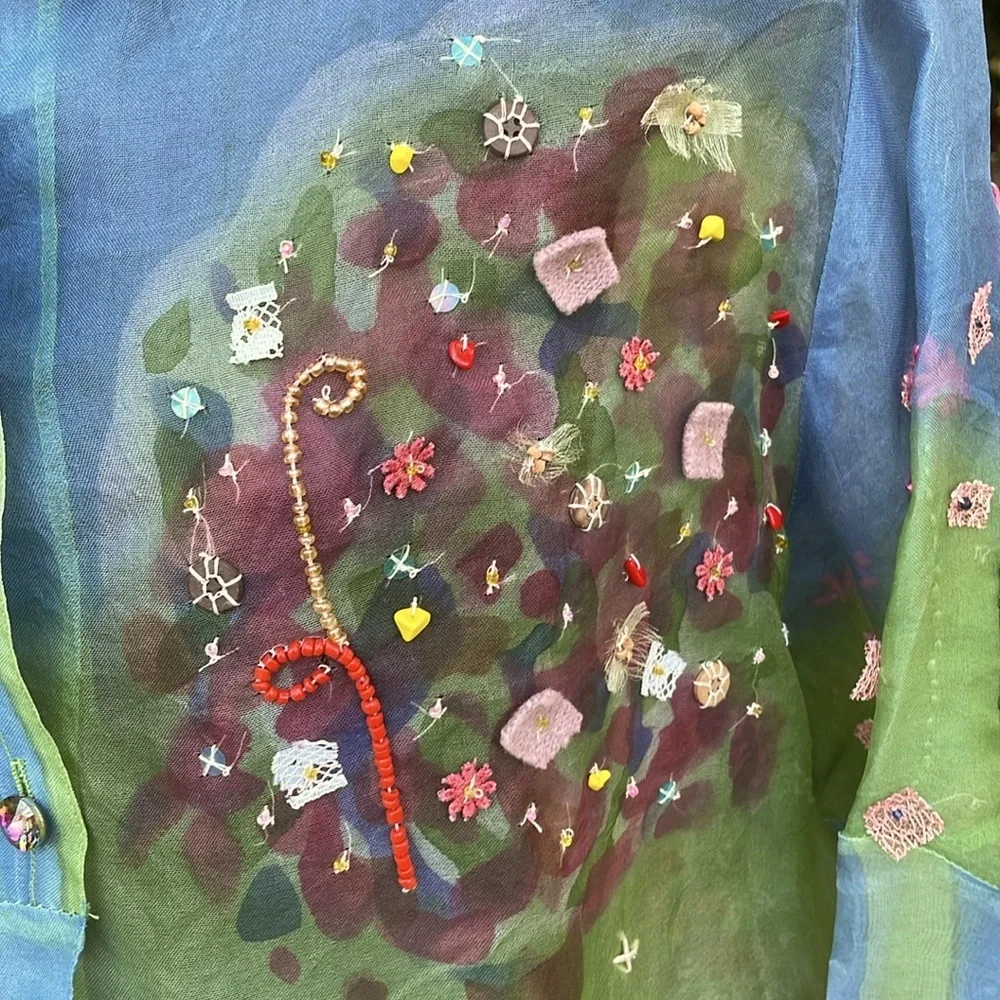 Sandy Starkman 100% silk batik and 3-D floral  sheer blouse or jacket